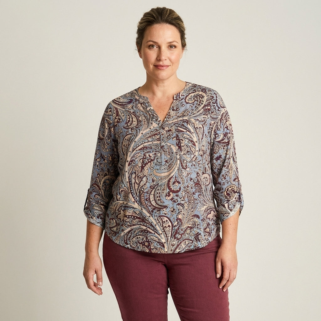 Blusa Azul con Estampado Floral y Manga Roll Up